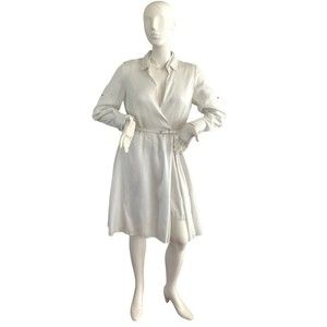 NWT Halston Heritage Shirt Dress Women 14 White Silver Pinstripe Belted
